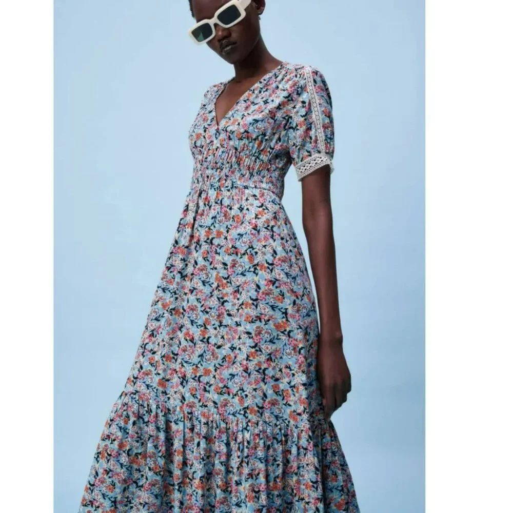 Zara Boho Floral Print Contrast Lace Midi Dress Ruffle Flirty Lace A-Line Small - Picture 3 of 5